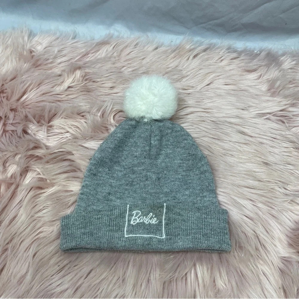 Gray and white official Barbie tuque/beanie with pompom Mattel brand